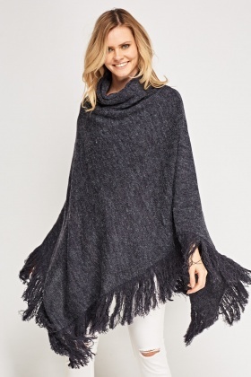 fringed hem knitted poncho advfgkg