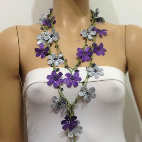 gray and purple purple crochet necklace - crochet accessory - turkish  crochet oebazbm