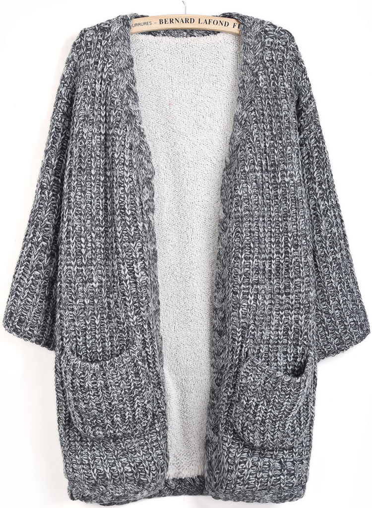 grey long sleeve pockets knit cardigan -shein(sheinside) iyuneho