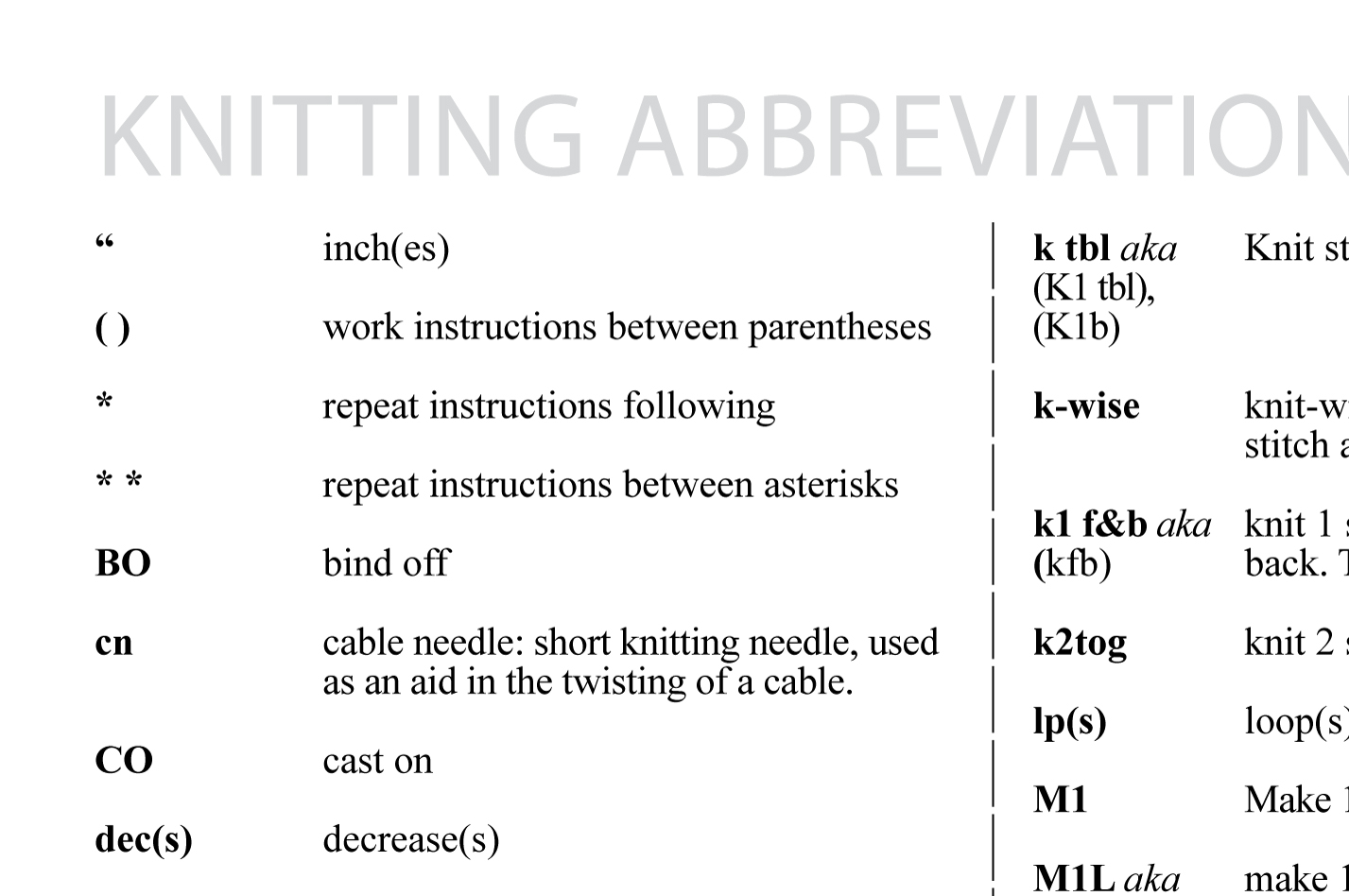 Knitting Abbreviations knitting abbreviations wxtjvji