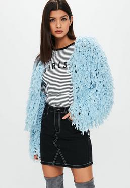 knitwear premium pastel blue shaggy cropped cardigan gkfljor