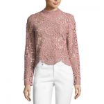 miss chievous long sleeve high neck crochet blouse-juniors vztwjfd