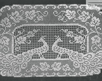 peacock buffet scarf filet crochet pattern vintage 1950s doily table mat  size eajmfzt