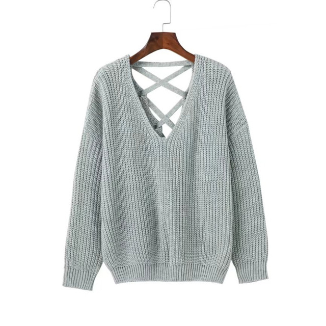 women autumn casual backless bandage knitted sweaters knitwear fashion  crochet v neck cuvzfji