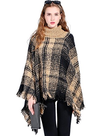 womenu0027s turtleneck poncho sweater knitted pullover capes tassel shawl black  and yellow jtkffep