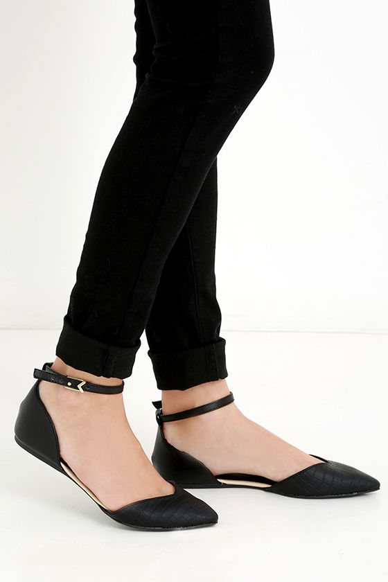 Cute Black Flats - Ankle Strap Flats - Pointed Flats - $20.00