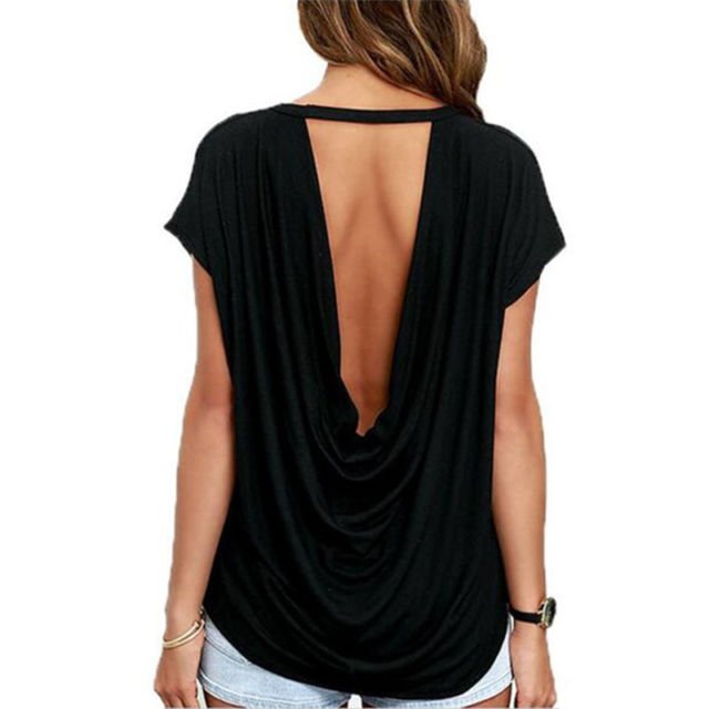 Women Summer Open Back Short Sleeve T Shirt Casual Backless Tops