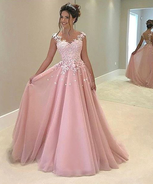 Lace Appliqued Prom Dress,Ball Gown Pink Prom Dresses,Long Prom