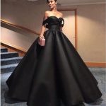 Black Off Shoulder Satin Beaded Ball Gown Dresses, Elegant Prom