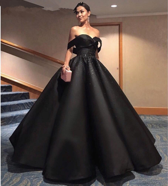 Black Off Shoulder Satin Beaded Ball Gown Dresses, Elegant Prom