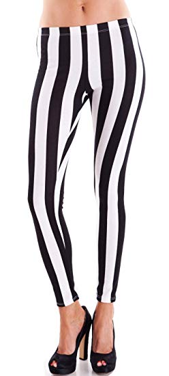White Black Ladies Vertical Striped Leggings, USA Made at Amazon