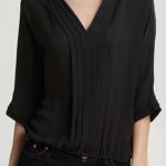 V-neck Crop Sleeve Pleated Black Chiffon Blouse | Fashionista