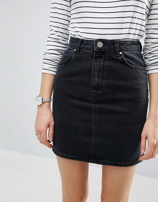 black denim skirt | striped black and white long sleeve | watches