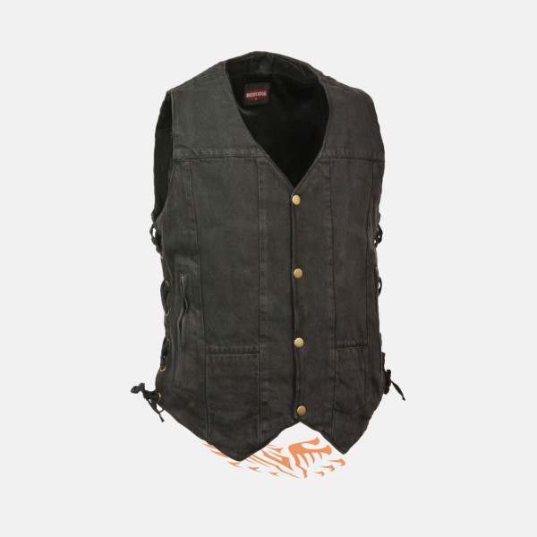 10 POCKETS BLACK DENIM COTTON BIKER VEST SIDE LACES