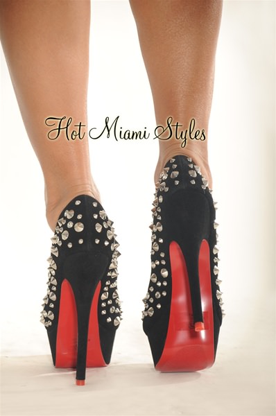 Black Silver Studded High Heel Red Bottom Pumps