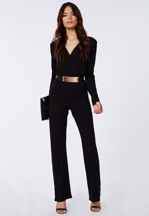 Lyst - Missguided Deliana Long Sleeved Wrap Wide Leg Jumpsuit Black