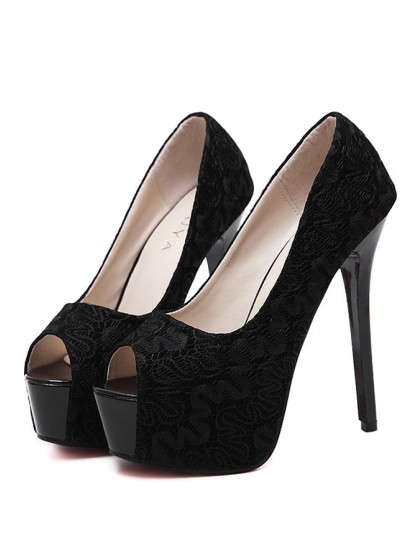 Black Peep Toe Lace Crochet Platform Stiletto High Heel Pumps