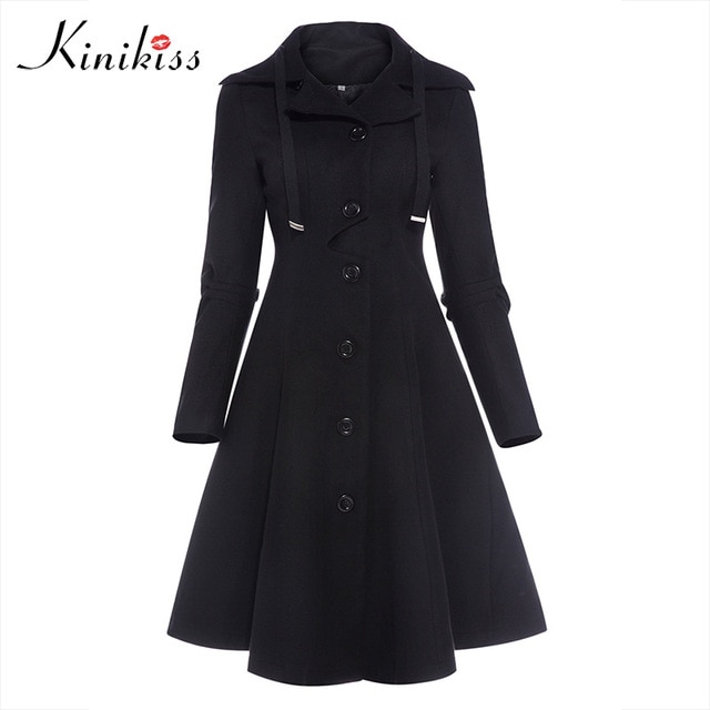 Kinikiss Women Winter Long Trench Coat Black Gothic Turn Down Collar