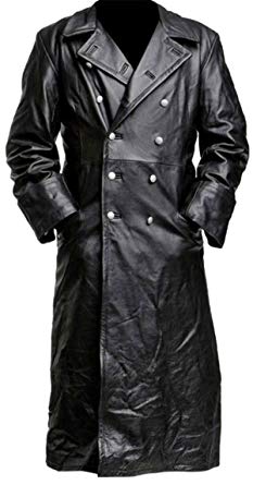 German Style Classic Military Officer Black Leather Trench Coat at