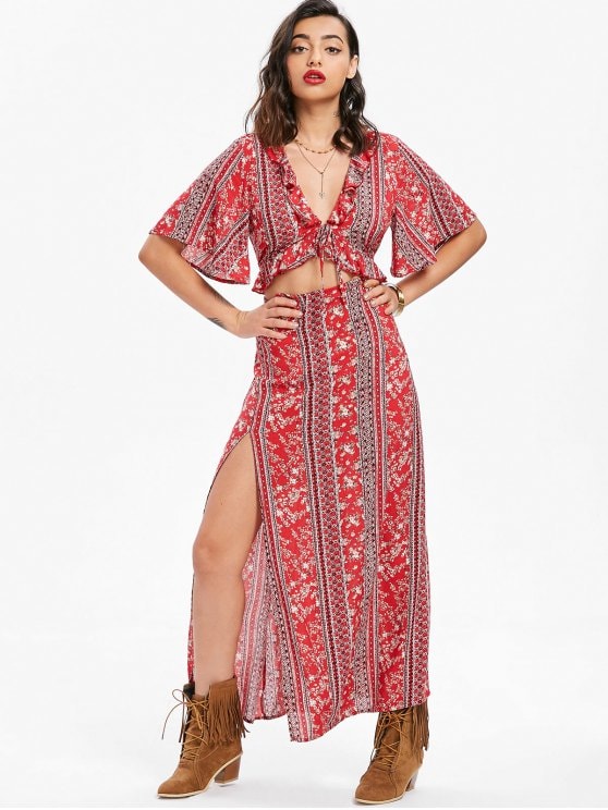 59% OFF] 2019 Cutout Bohemian Maxi Dress In RED XL | ZAFUL