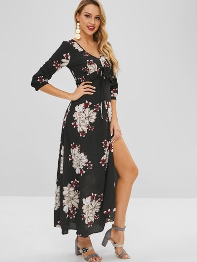 2019 Bohemian Flower Print Maxi Slit Dress In BLACK M | ZAFUL