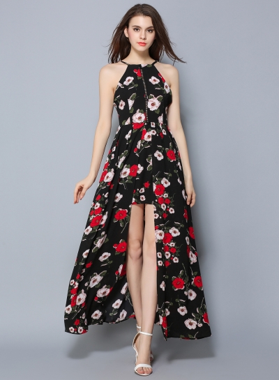 Sleeveless Floral Printed High Slit Bohemian Maxi Dress - OASAP.com