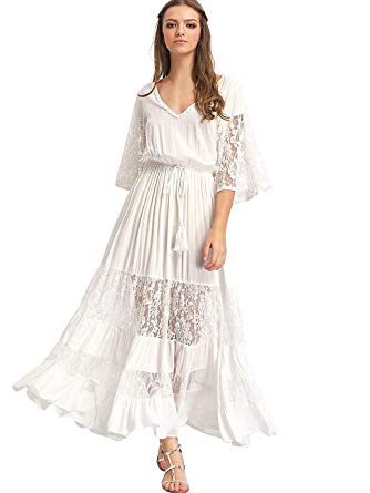 Milumia Women's Bohemian Drawstring Waist Lace Splicing White Long