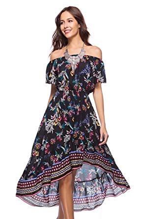 MCEDAR Women's Maxi Causal Bohemian Dress Floral Print Off Shoulder