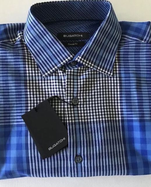 BUGATCHI Uomo Classic Fit Casual Shirt Mens M Blue Plaid Contrast