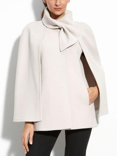 Women White Cape Coat Wool Blend Bowknot Black Office Jacket