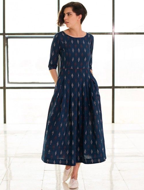 Buy Blue Box Pleated Handloom Ikat Cotton Dress Online in 2019