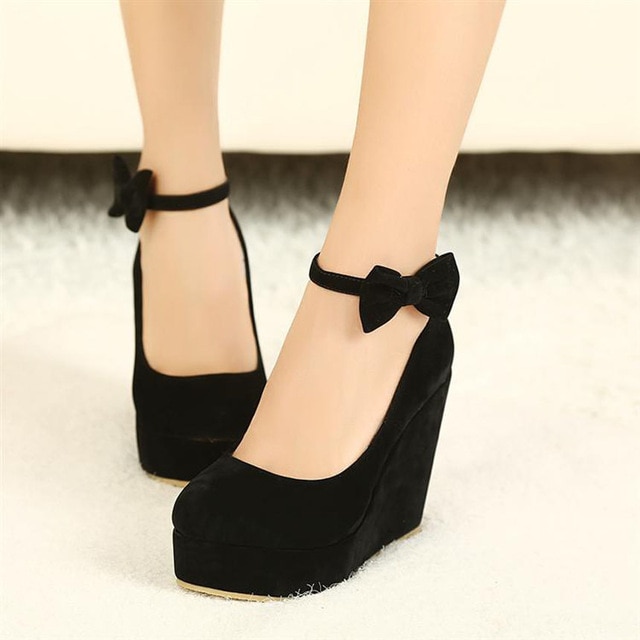 Female Shoe Vogue Black Bow Wedges High Heels Women Cute Buckle