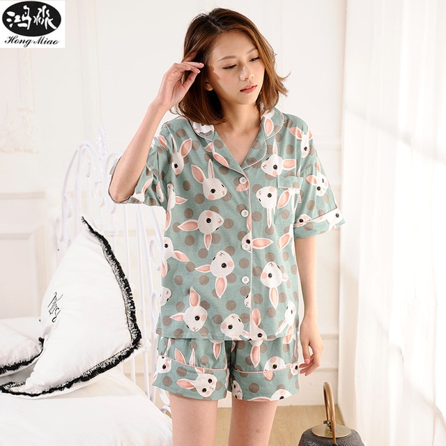 Summer Cute Shorts Pajamas Sets Women Cotton Rabbit Printed Pijamas