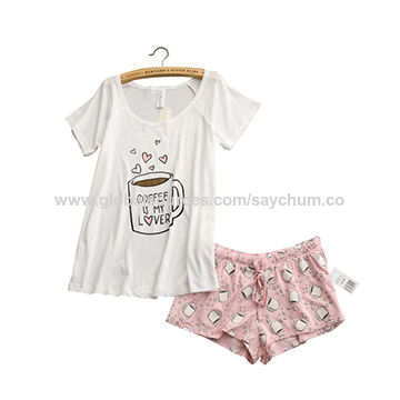 China Cute pajamas sets with white and pink/grey and green color