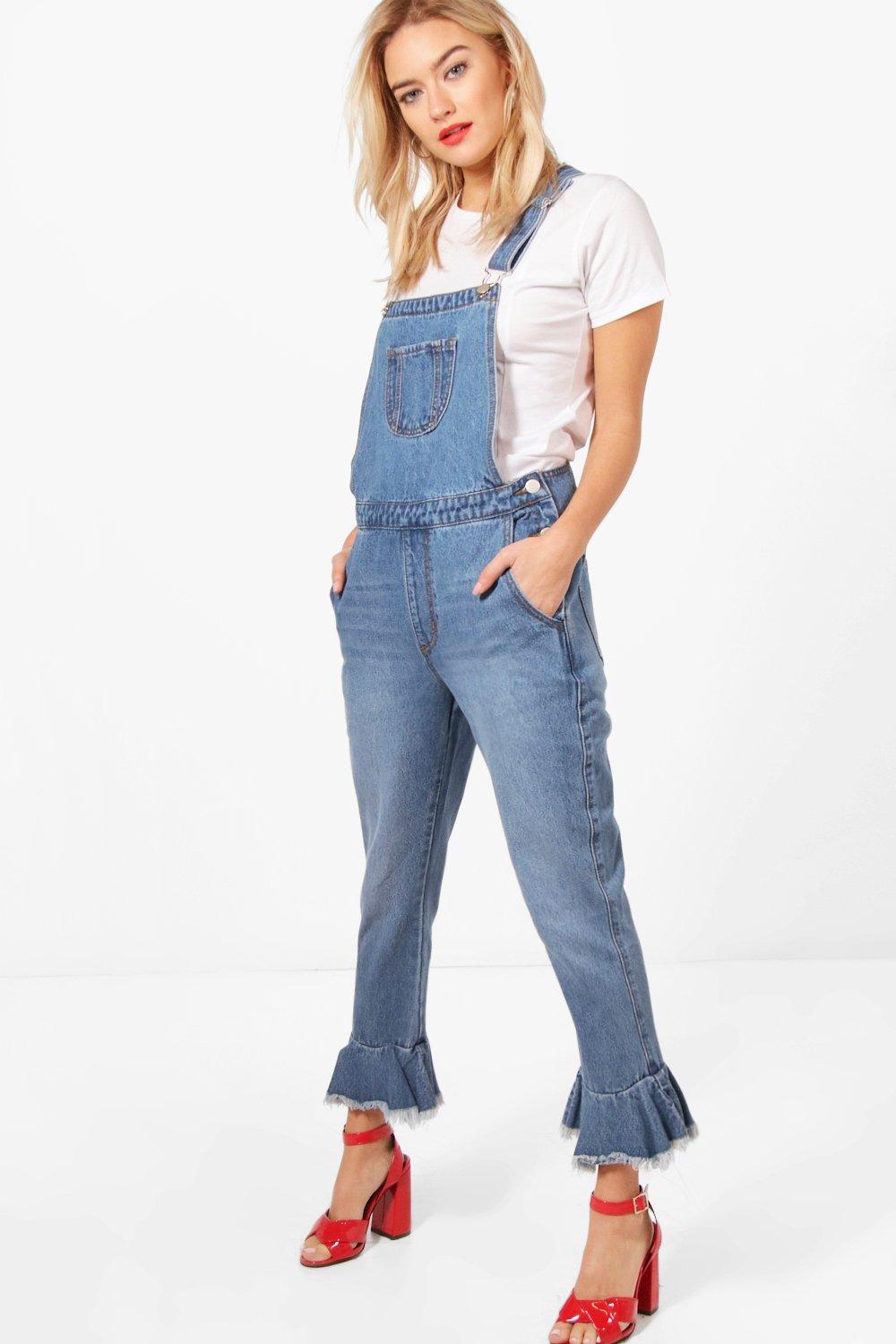 Cropped Ruffle Hem Denim Dungarees | Boohoo