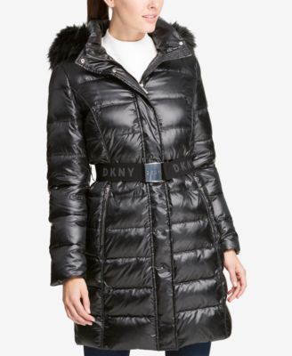 DKNY Faux-Fur-Trim Belted Puffer Coat, Created for Macy's - Coats