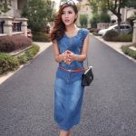 Women Short Sleeve Long Denim Summer Dress Casual Blue Jeans Dress
