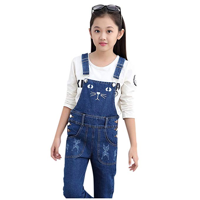 Amazon.com: Girls Overalls Denim Jeans Cat Pattern Pants Kids