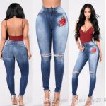 Women'S Fashion Jeans Trousers 2018 High Waist Embroidered Flowers