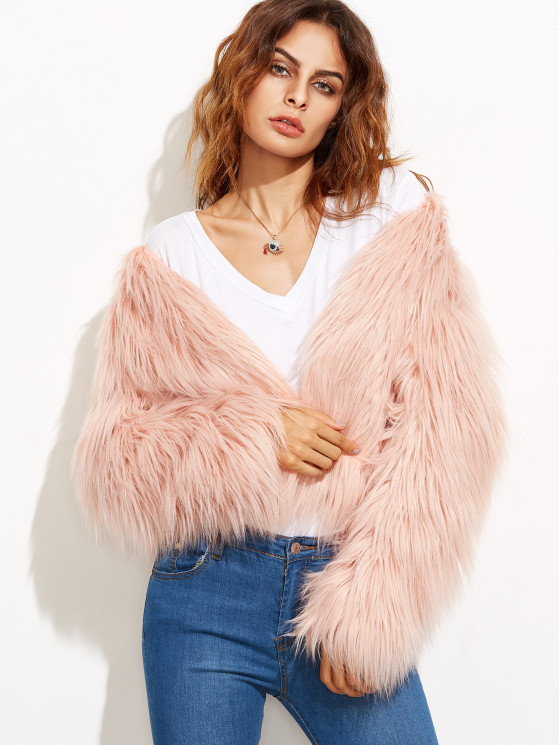Pink Collarless Faux Fur Coat | MakeMeChic.COM