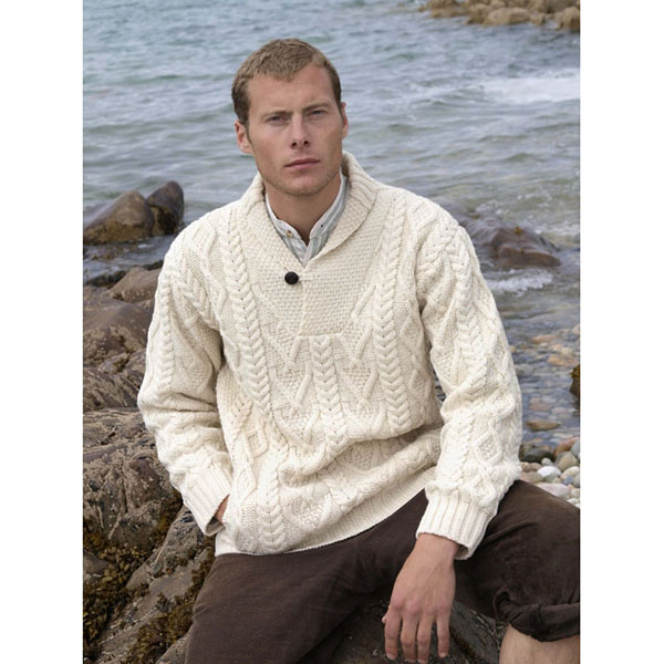 Aran Shawl Neck Fisherman Sweater | Irish Central Shop