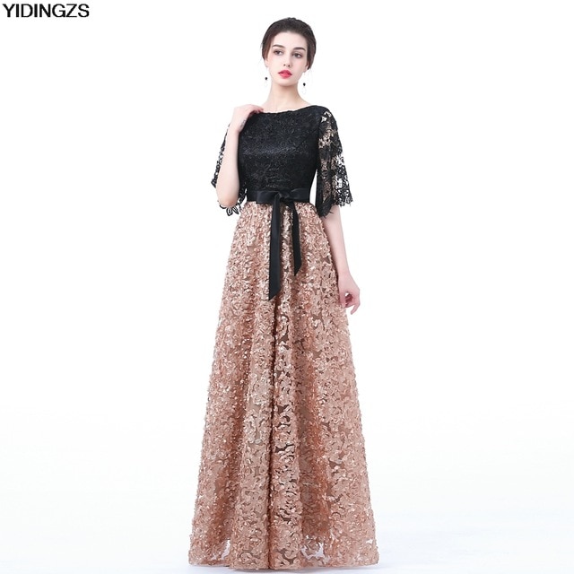 YIDINGZS New Evening Dress Black With Khaki Color Lace Floor length