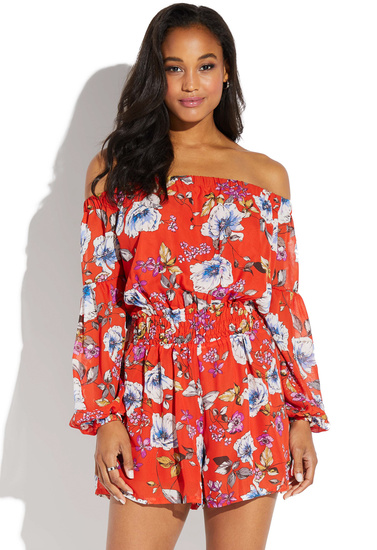 OFF SHOULDER LONG SLEEVE FLORAL ROMPER - ShoeDazzle