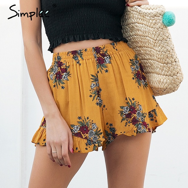 Simplee Floral print shorts women Elastiac waist pleated beach