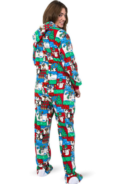 Winter Fun Christmas Adult Footed Pajamas with Hood: Big Feet Onesie