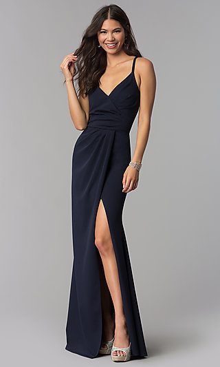 Faux-Wrap Long V-Neck Formal Dress with Ruching