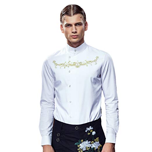 FANZHUAN Grandad Shirt for Men White Long Sleeve Slim Fit Embroidery