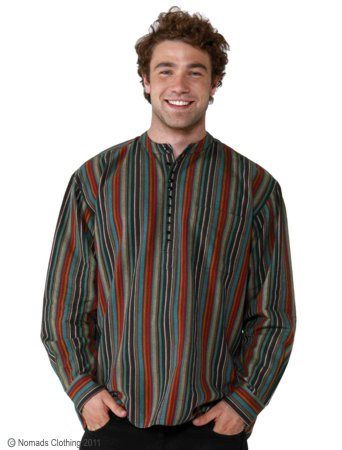 Hippy Shirt Mens Ethnic Stripey Cotton Long Sleeve Grandad Shirt By
