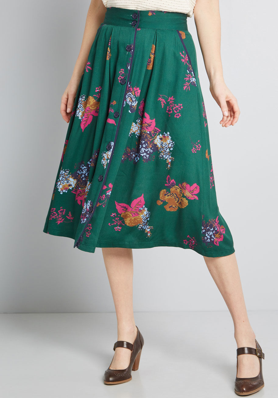 ModCloth Intelligent Involvement Midi Skirt Green Floral | ModCloth