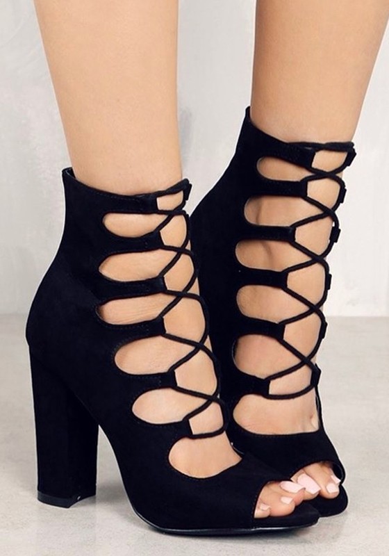 Black Round Toe Chunky Drawstring Cut Out Fashion High-Heeled